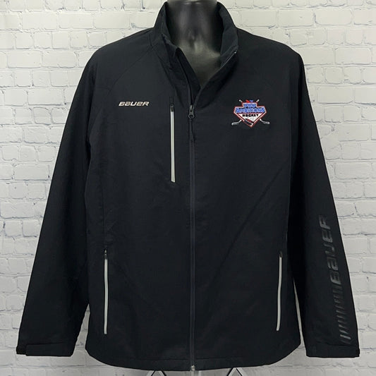 Bauer Pro Ambitions Hockey jacket in black, featuring logo and reflective details for visibility.