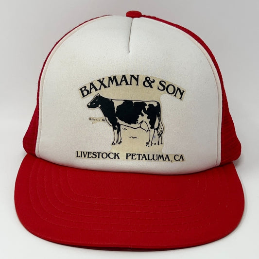 Red Vintage Trucker Hat featuring a cow logo and 'Baxman & Son Livestock Petaluma, CA' text