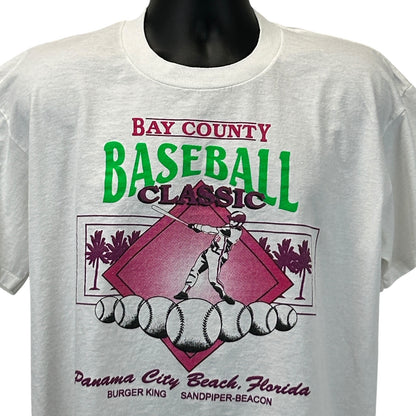 White Vintage T-Shirt featuring Bay County Baseball graphic, classic fit, front view