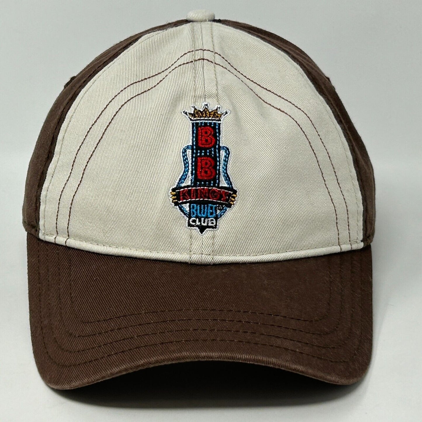 Front view of brown and cream BB King Blues Club Las Vegas hat with embroidered logo