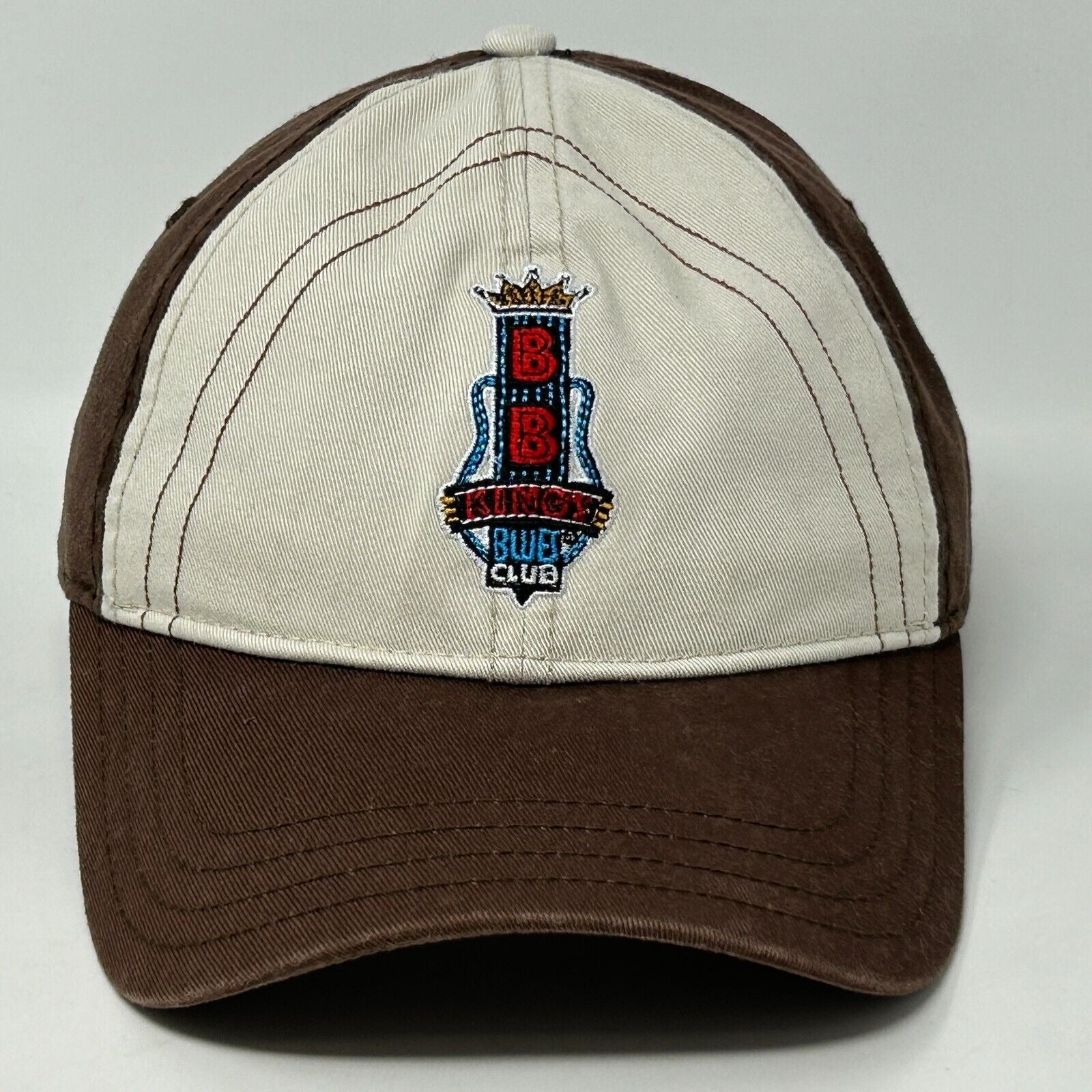 Front view of brown and cream BB King Blues Club Las Vegas hat with embroidered logo