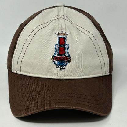 Front view of brown and cream BB King Blues Club Las Vegas hat with embroidered logo
