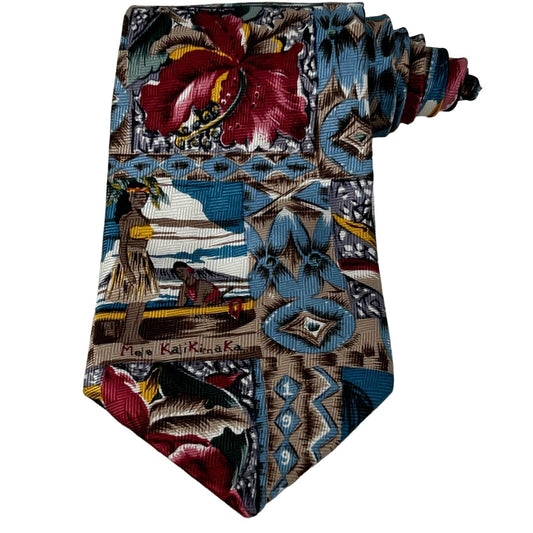 Reyn Spooner Mele Kalikimaka Silk Tie Vintage 90s Hawaiian Necktie USA Mens Blue