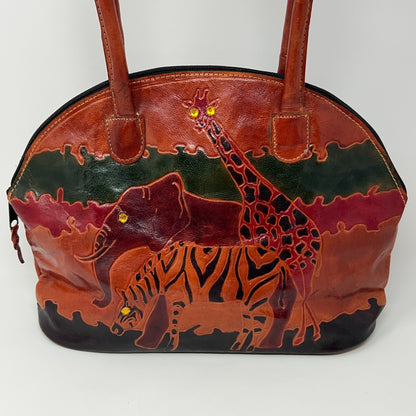 Vintage 90s Tooled Hand Painted Leather Safari Handbag Giraffe Elephant Zebra