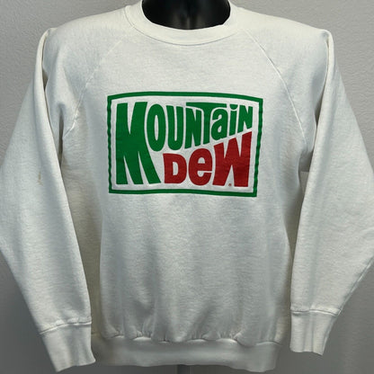 Vintage Mountain Dew Sweatshirt Small 80s Soft Drink Soda Made In USA Mens White