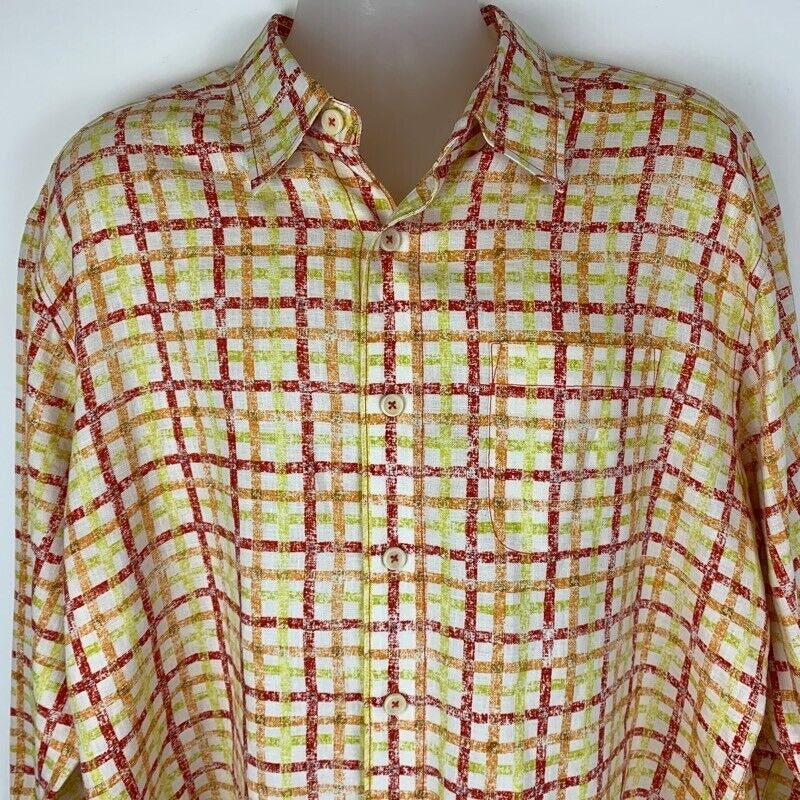 Tommy Bahama Relax Linen Button Front Shirt X-Large Plaid Mens Orange Red Yellow