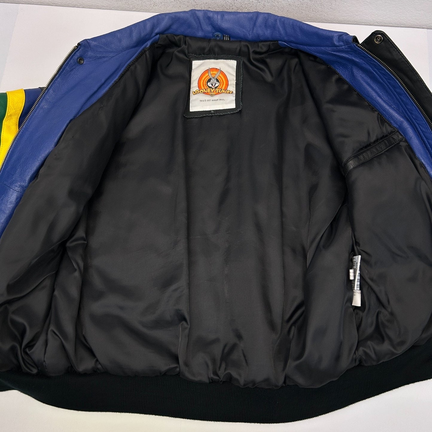 Vintage 90s Looney Tunes Leather Bomber Jacket 1997 Warner Bros Black L Large