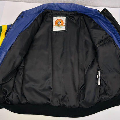 Vintage 90s Looney Tunes Leather Bomber Jacket 1997 Warner Bros Black L Large