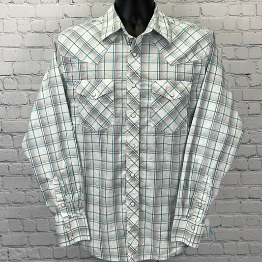 Wrangler 20X Pearl Snap Button Front Shirt White Plaid Long Sleeve M Medium