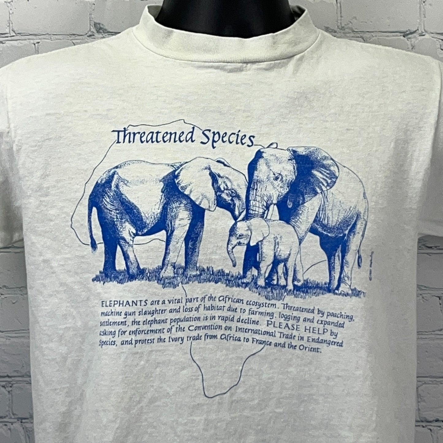 Vintage 80s Threatened Species Elephant Rhinoceros T Shirt White Unisex S Small