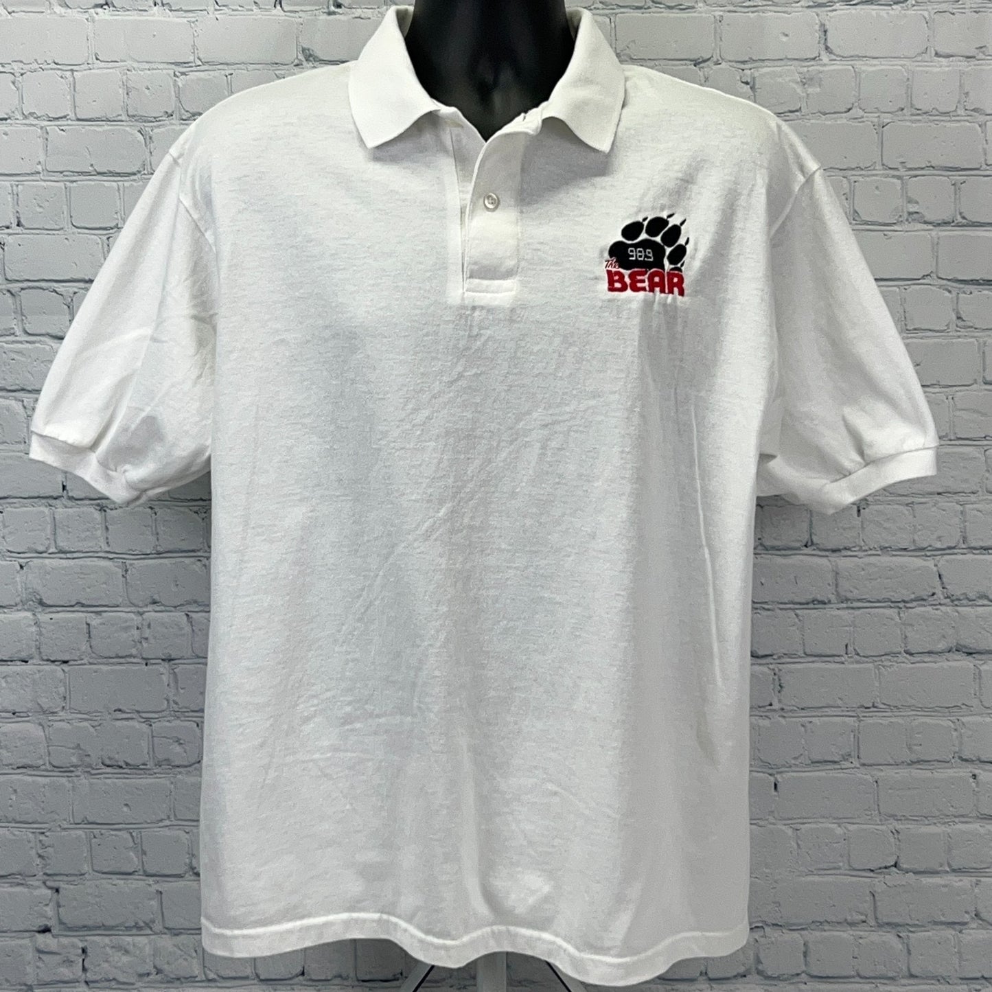 Vintage 90s The Bear 98.9 FM Radio Station Polo Shirt Indiana White Mens L Large