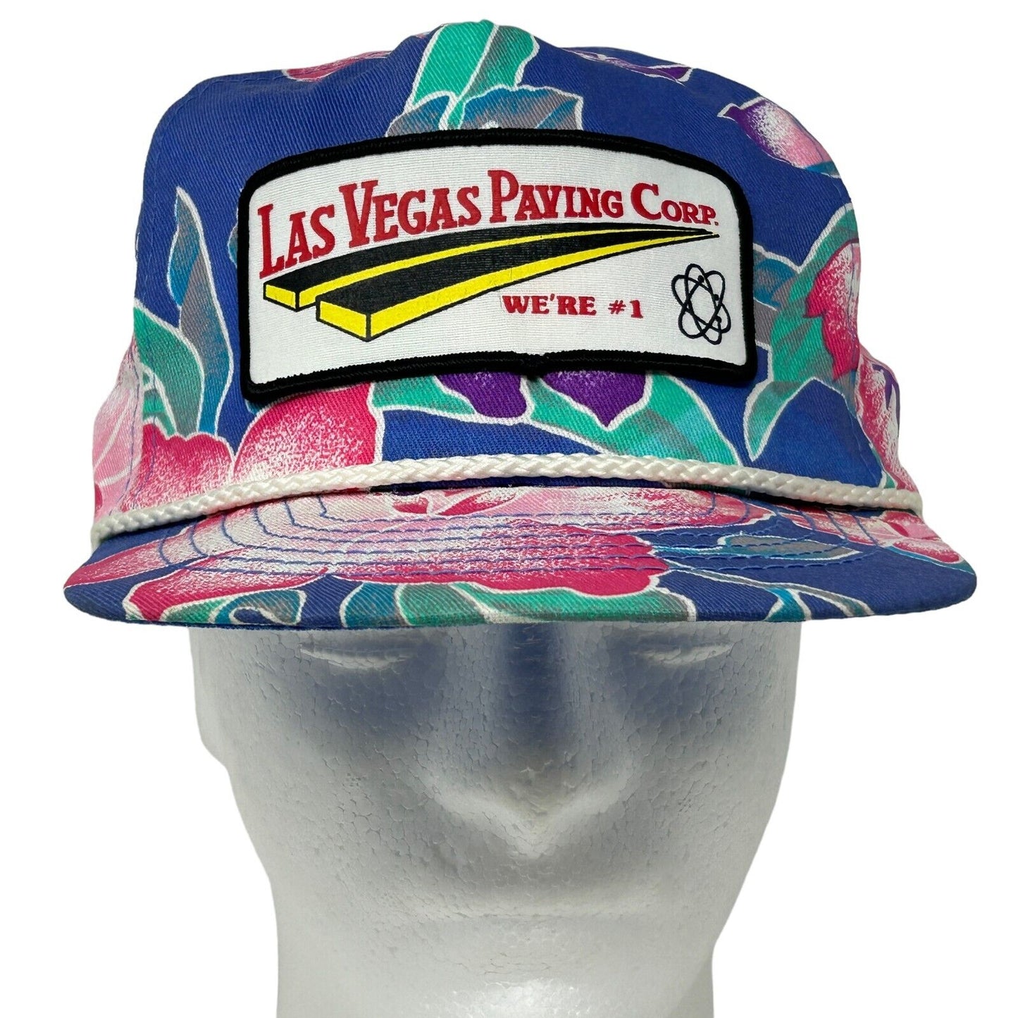 Las Vegas Paving Corp Hawaiian Floral Hat Vintage 90s Blue Rope Baseball Cap