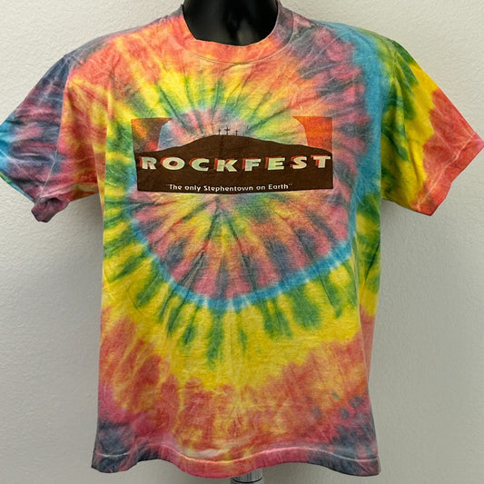 Vintage 90s Stephentown Rockfest T Shirt Yellow Tie Dye Christian Unisex L Large - Neon Vintage