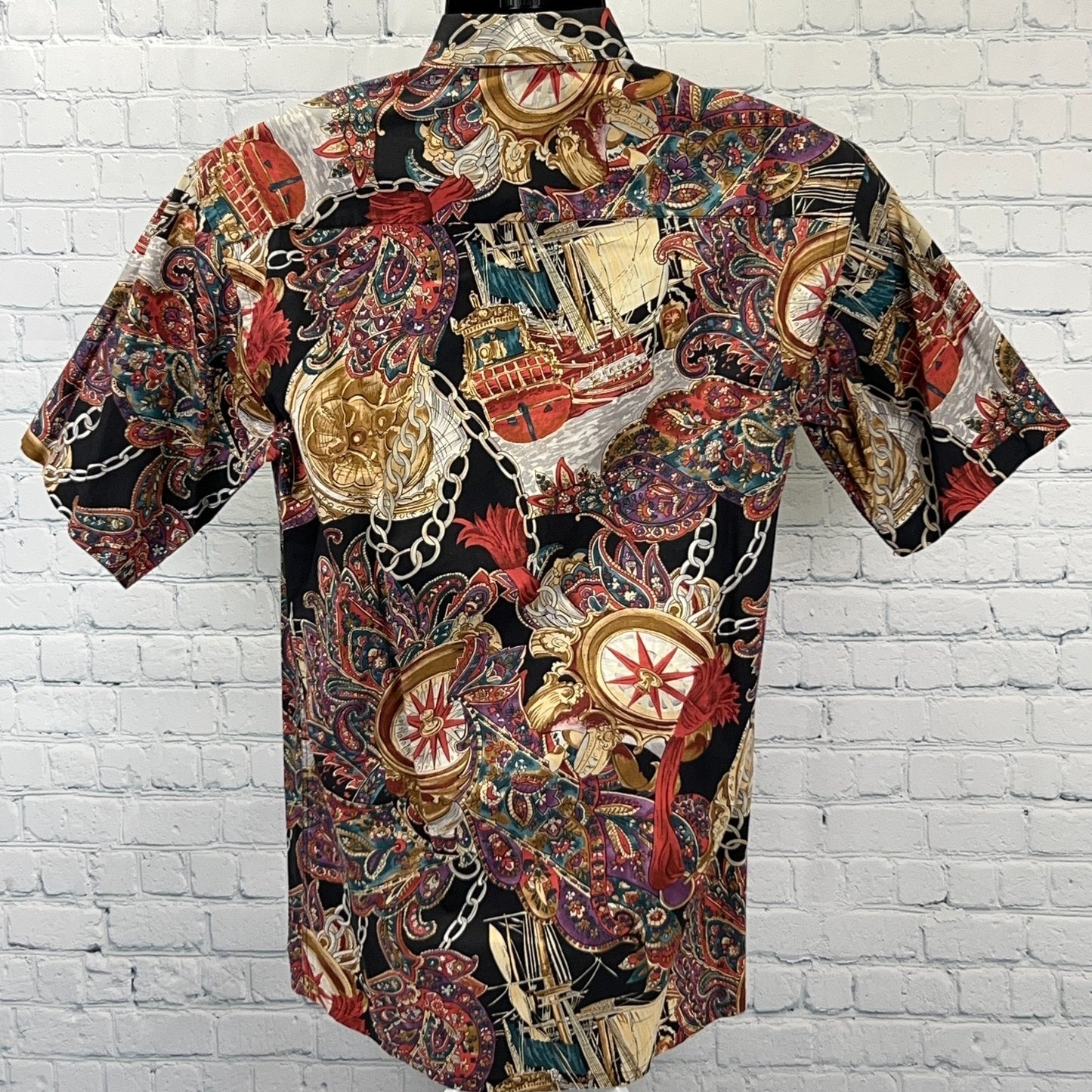 Vintage 90s Pirate Ship Roulette Button Front Shirt Black Burma Bibas S Small