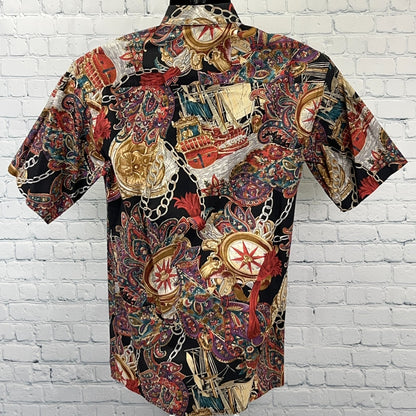Vintage 90s Pirate Ship Roulette Button Front Shirt Black Burma Bibas S Small
