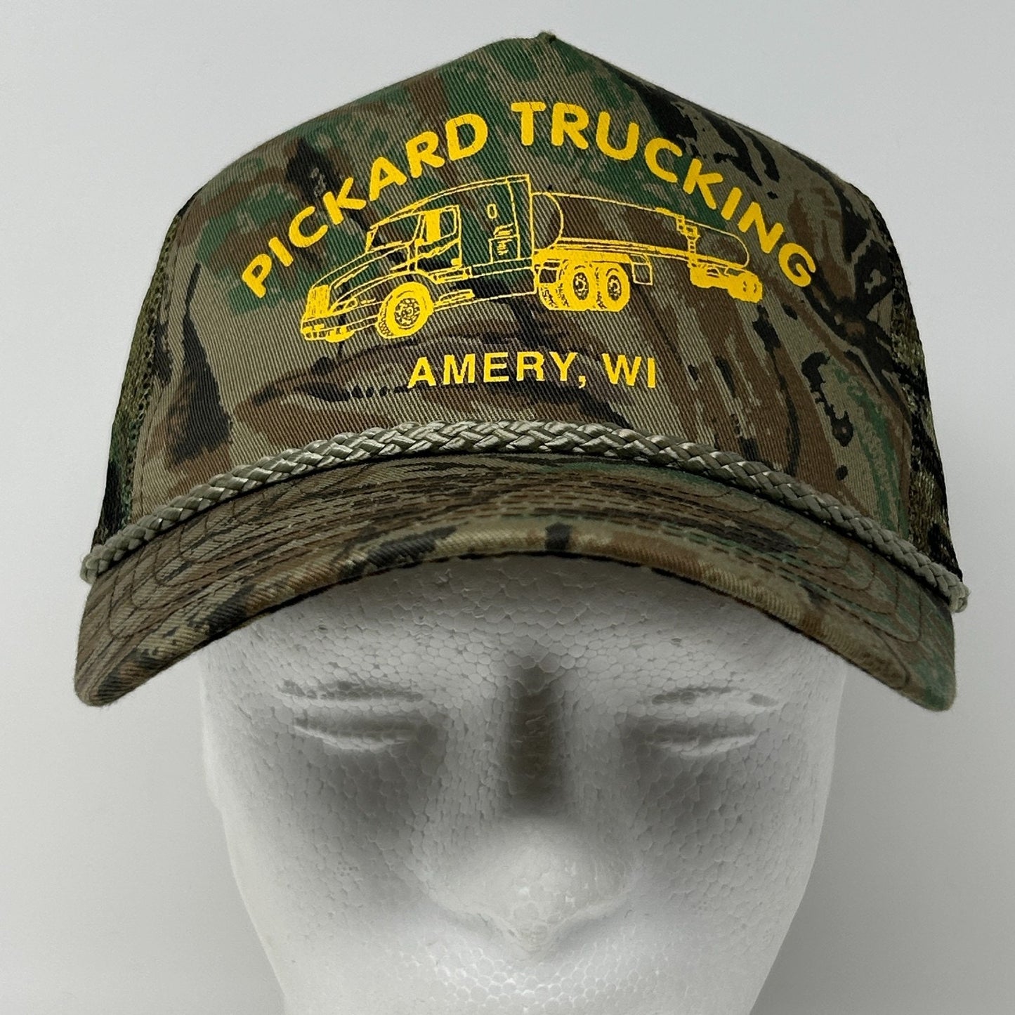 Vintage 90s Pickard Trucking Trucker Hat Baseball Cap Camo Mesh Snapback Green