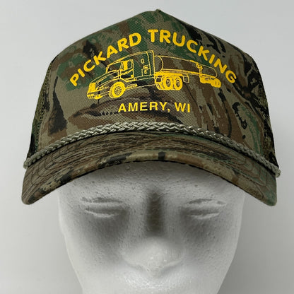 Vintage 90s Pickard Trucking Trucker Hat Baseball Cap Camo Mesh Snapback Green