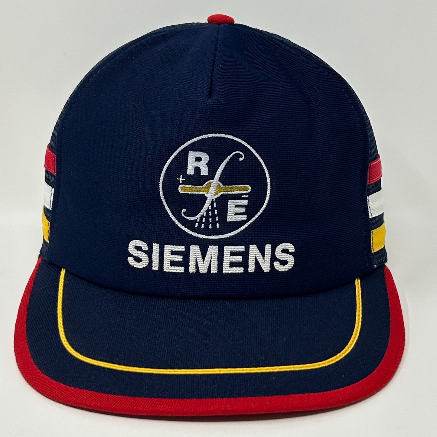 Vintage Siemens RFE 3 Stripe Trucker Hat Cap Blue 80s Mesh Snapback 5 Panel USA