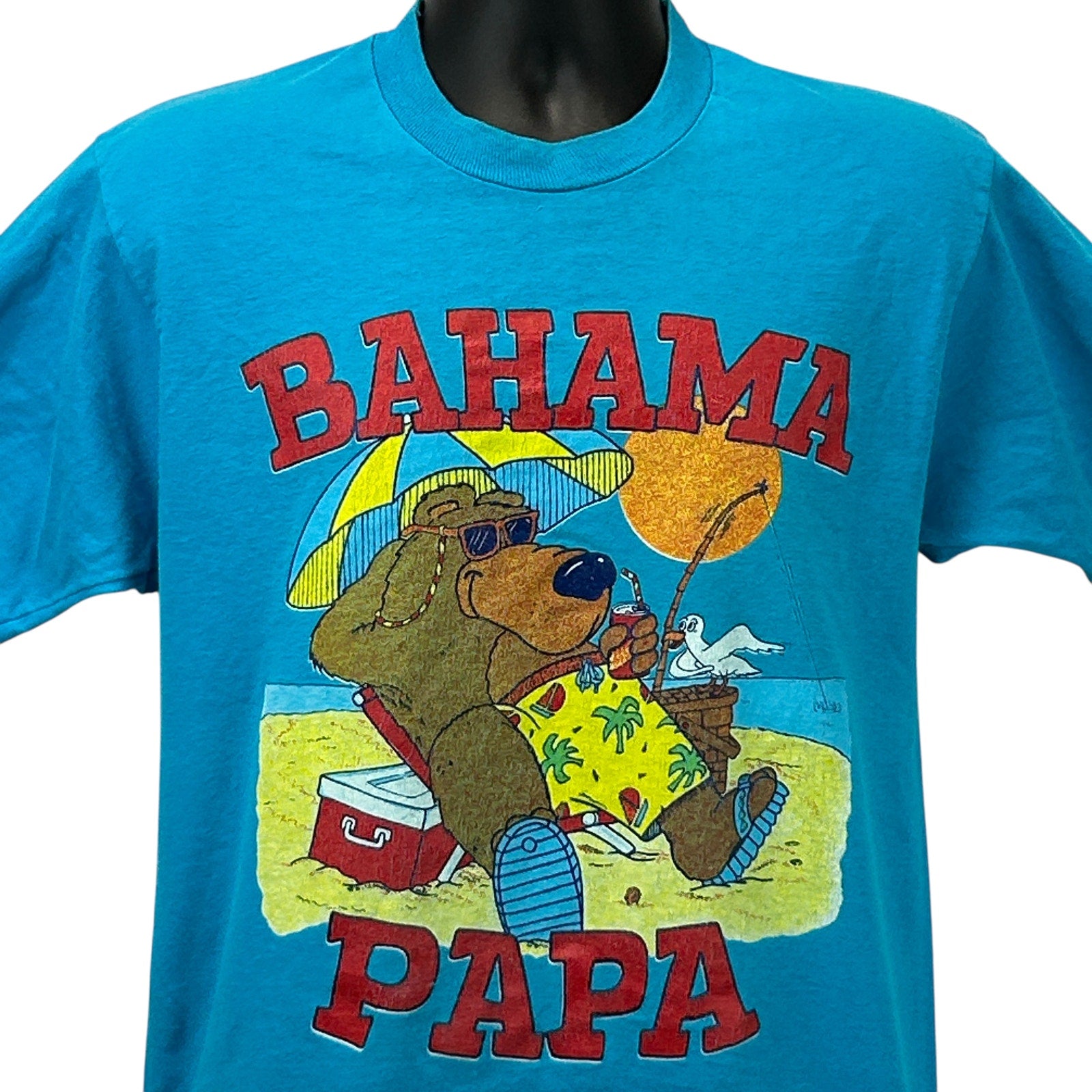 Fruit of the Loom Bahamas T-Shirt in Bright Blue featuring a Bear on the Beach Design, Front View