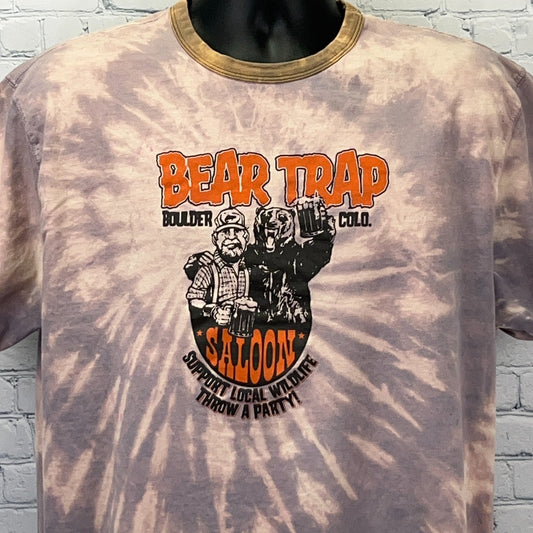 Men's tie-dye t-shirt featuring Bear Trap Boulder Colorado graphic, size medium, front view.