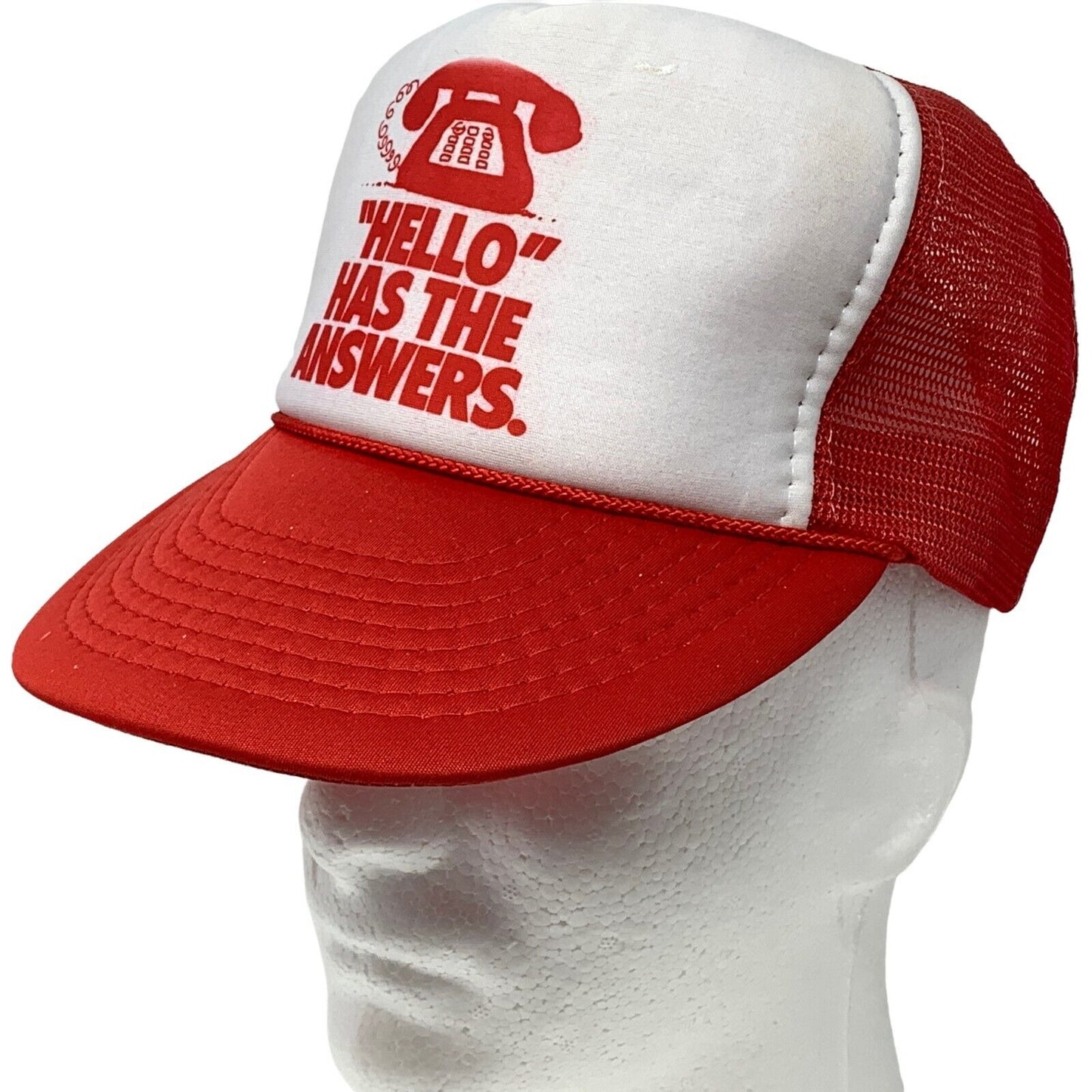 Hello Has The Answers Telephone Vintage Trucker Hat 80s Red Mesh Baseball Cap