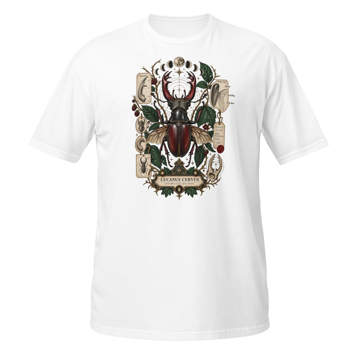 White T-shirt featuring a detailed beetle graphic design, view from the front