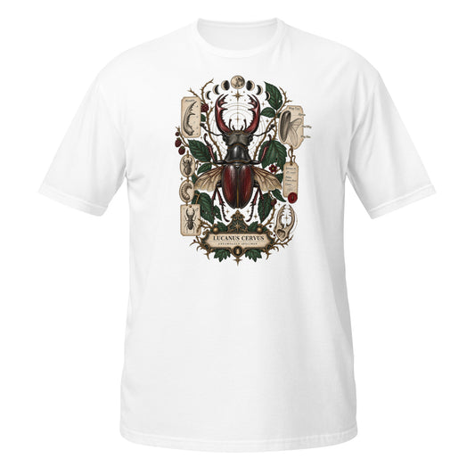White T-shirt featuring a detailed beetle graphic design, view from the front