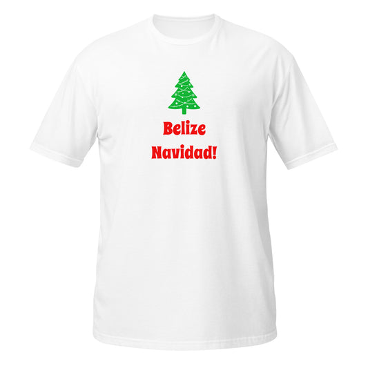 White T-Shirt featuring Belize Navidad text and a green Christmas tree design on the front