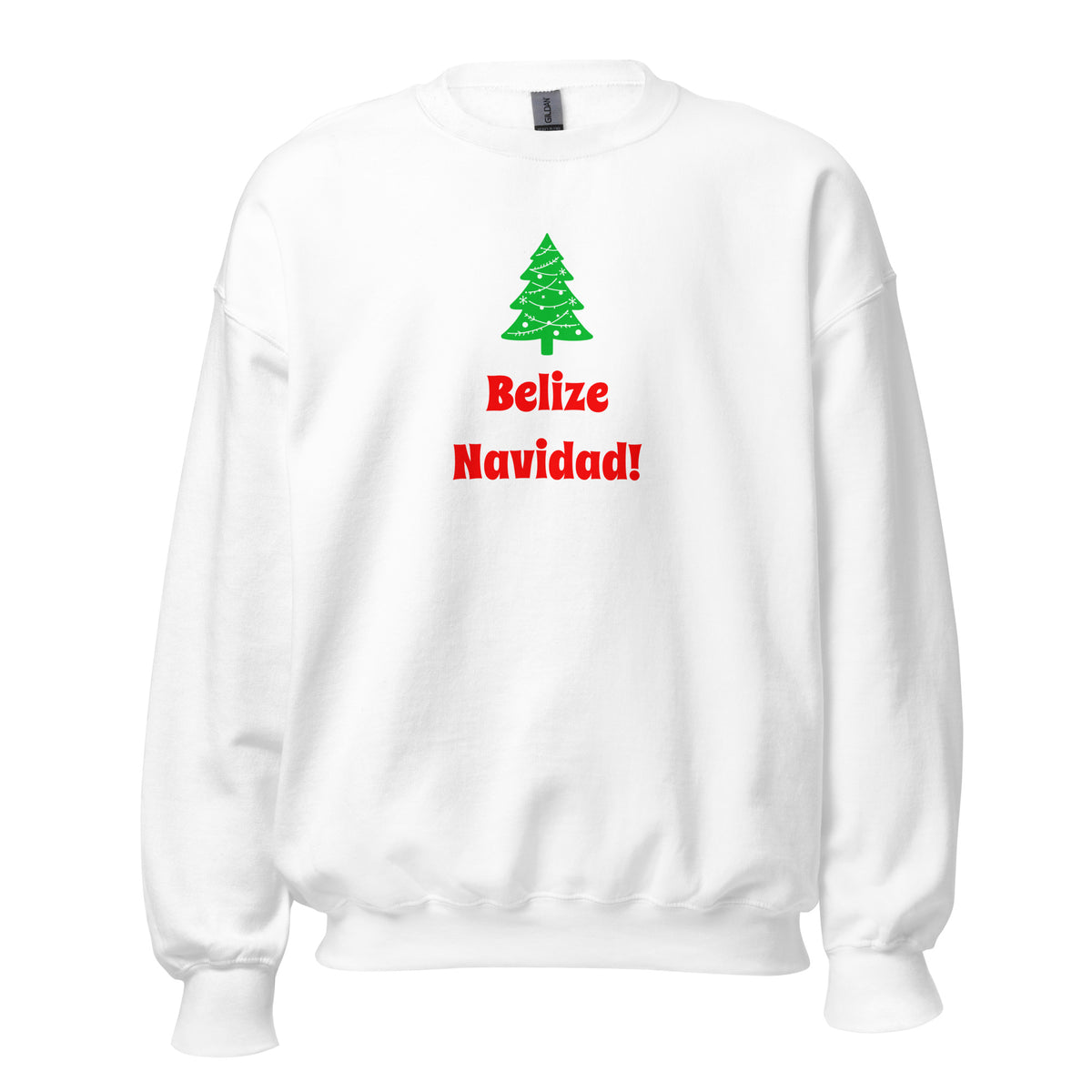 White Belize Navidad T-shirt featuring green Christmas tree design in front view