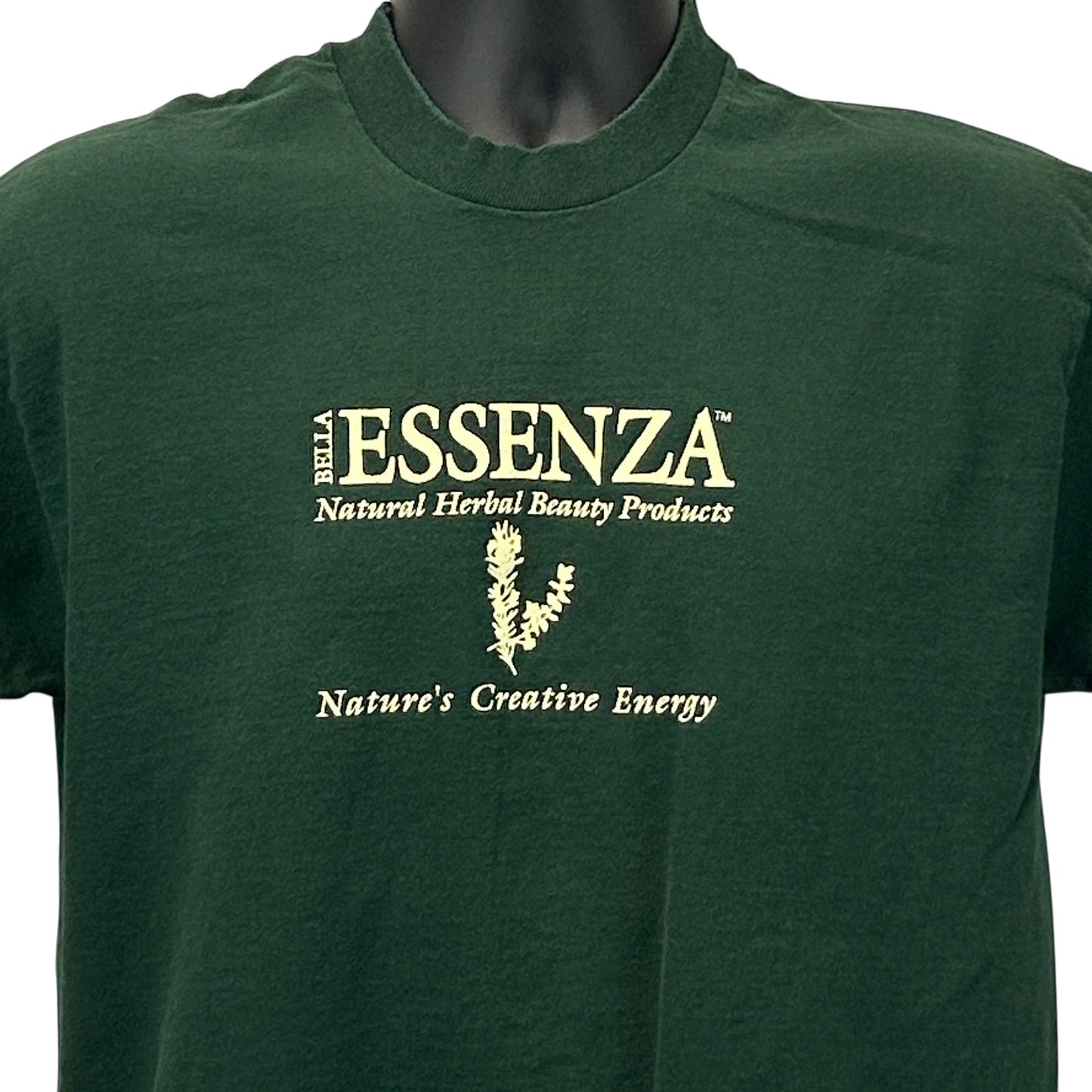 Green Vintage T-Shirt featuring Bella Essenza Beauty Products logo on the front for herbal beauty fans