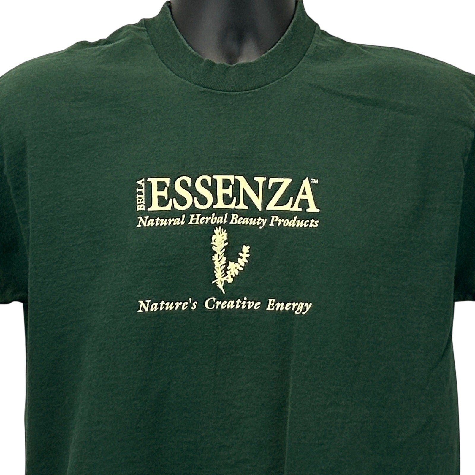 Green Vintage T-Shirt featuring Bella Essenza Beauty Products logo on the front for herbal beauty fans