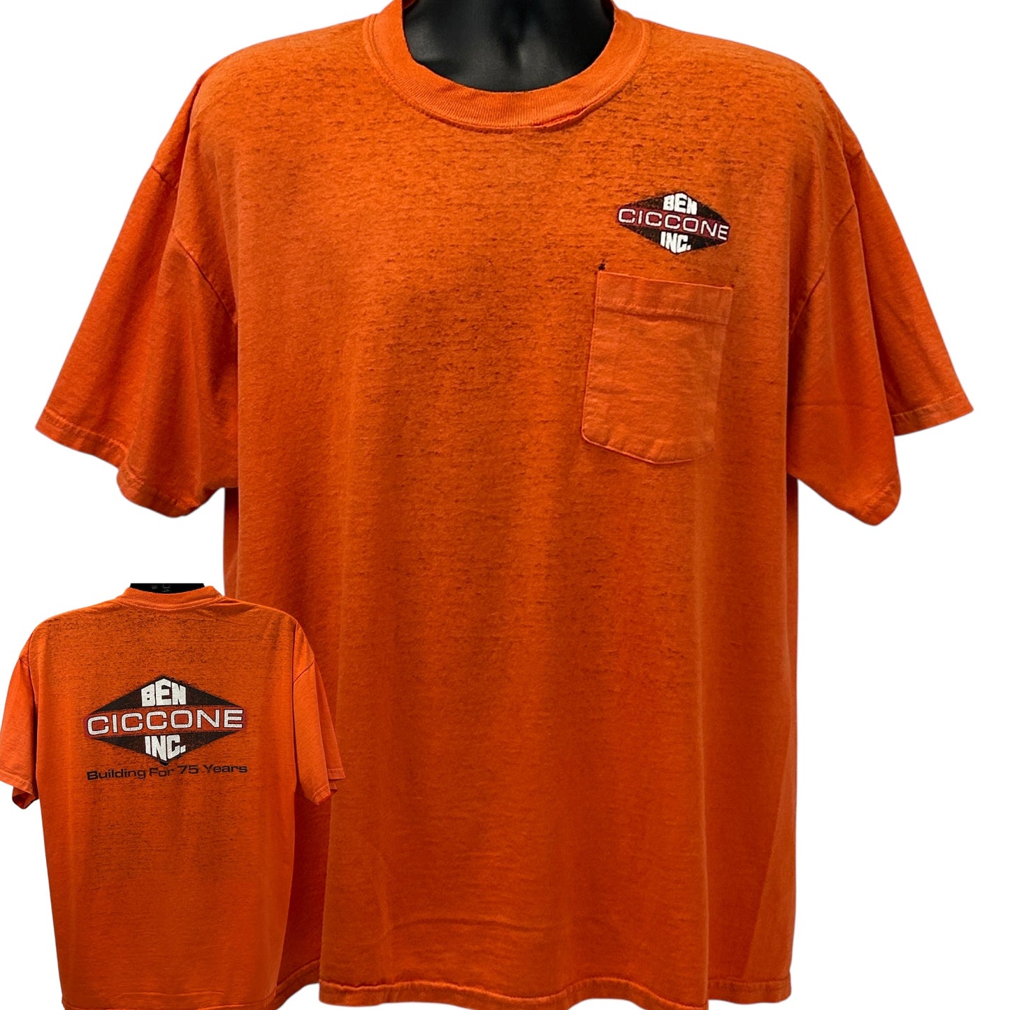 Jerzees Orange T-Shirt with Pocket and Ben Ciccone Inc. Logo on Front, Size Large