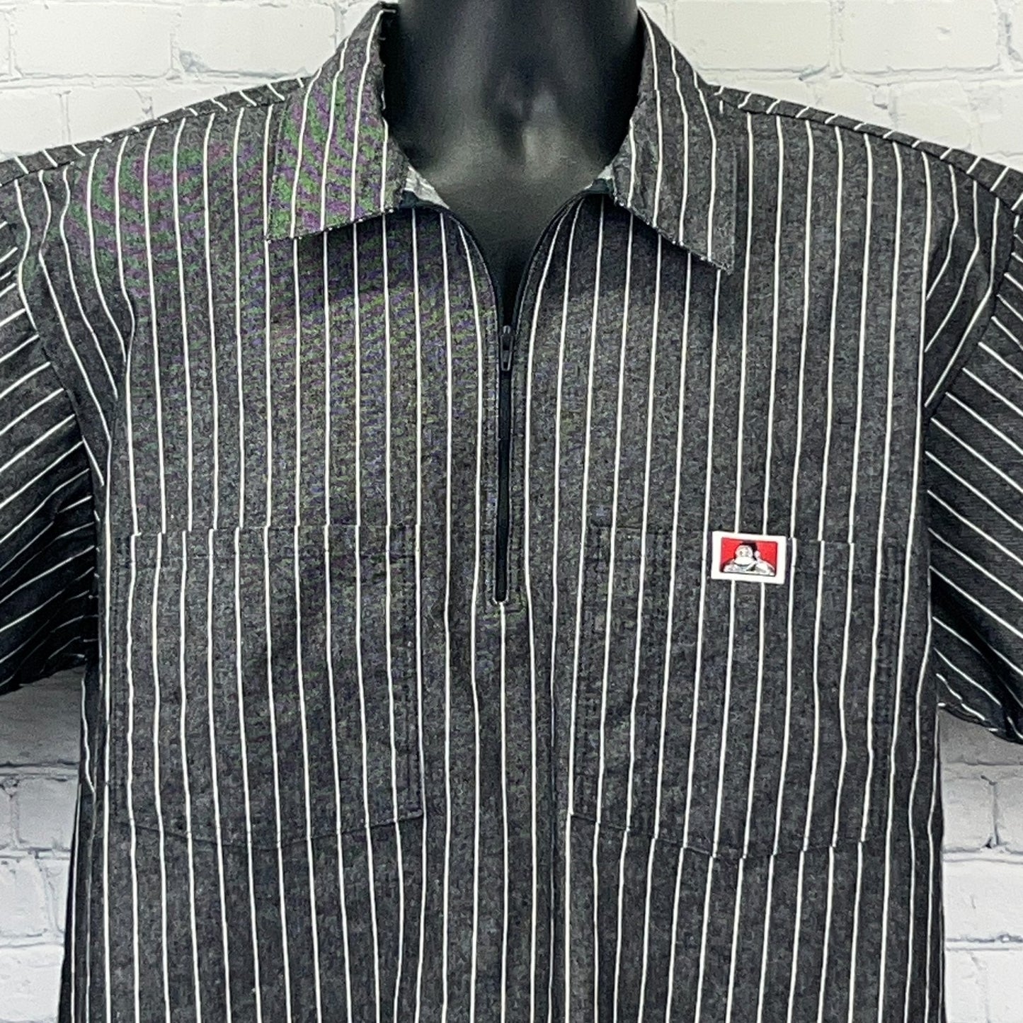 Ben Davis Black Stripe Work Shirt with Front Zipper and Logo Patch for Durable Comfort