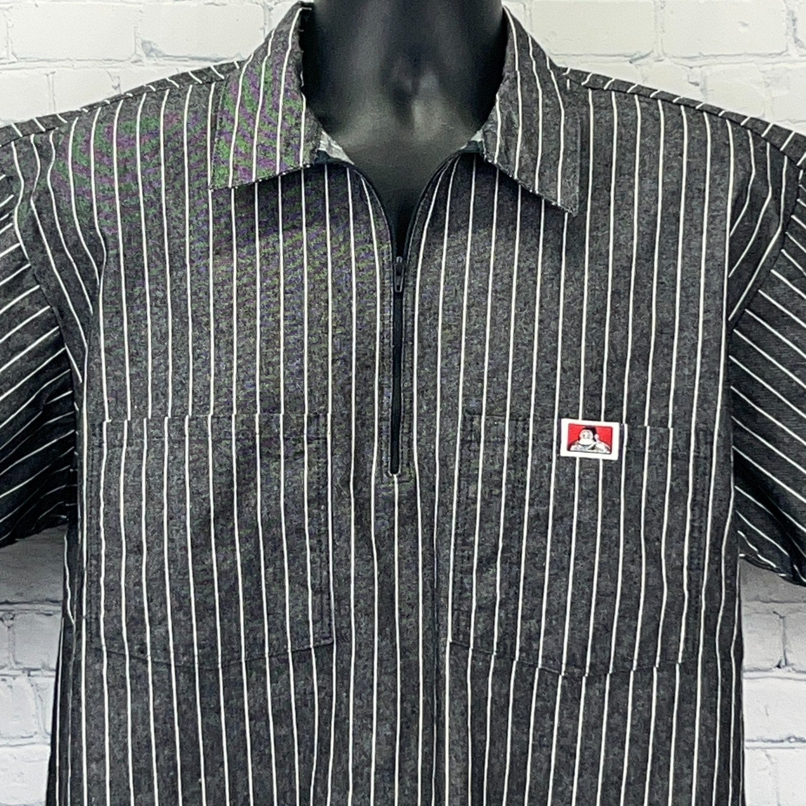 Ben Davis Black Stripe Work Shirt with Front Zipper and Logo Patch for Durable Comfort