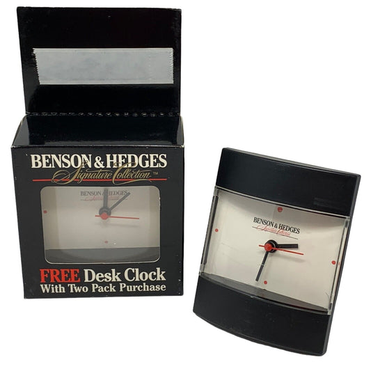 Benson and Hedges black desk clock with white face and red hands, shown with original packaging