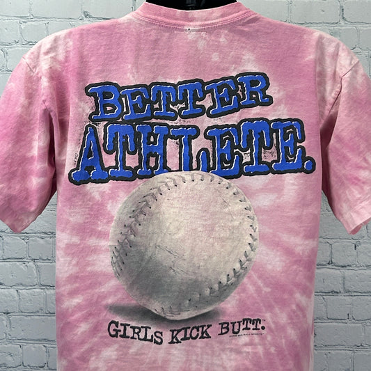 Pink tie-dye T-Shirt from Big Ball Sports with 'Better Athlete' and softball design on the back