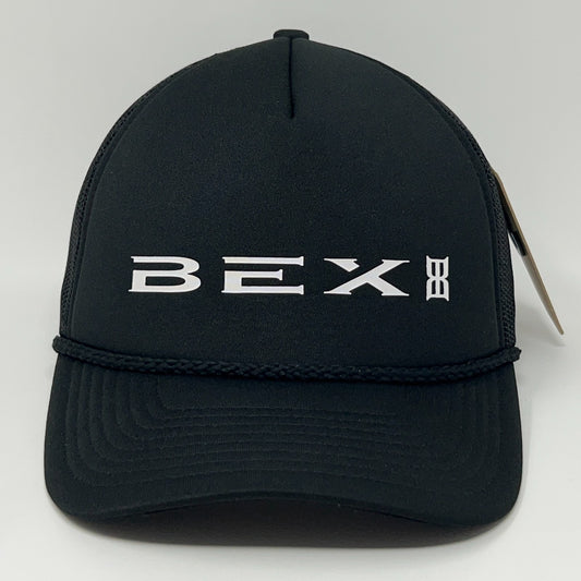 Black BEX Sunglasses cap with white logo in front view, featuring a sleek design and adjustable strap.