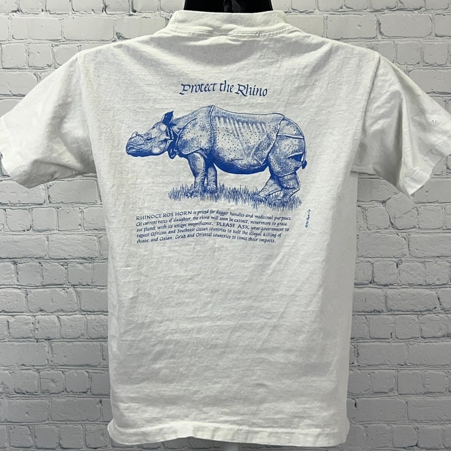 Vintage 80s Threatened Species Elephant Rhinoceros T Shirt White Unisex S Small