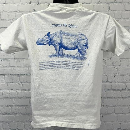 Vintage 80s Threatened Species Elephant Rhinoceros T Shirt White Unisex S Small