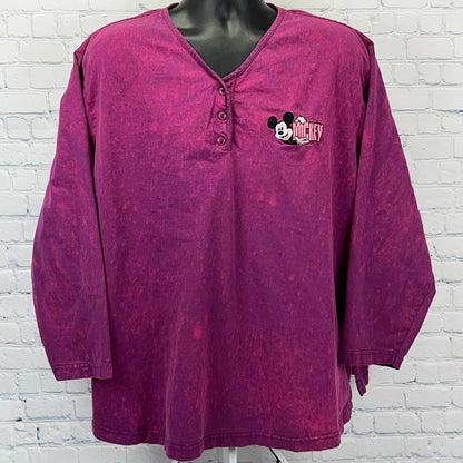 Vintage 90s Mickey Mouse Henley T Shirt Bleach Spotted Tie Dye Purple Womens 4X