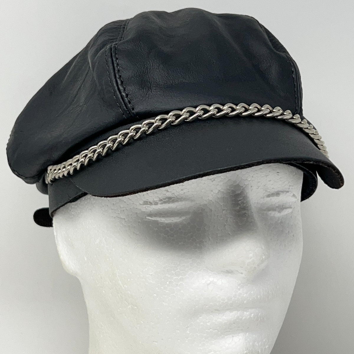 Vintage 90s Leather Captain Biker Hat Cap Black Chain Made in USA Strapback