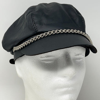 Vintage 90s Leather Captain Biker Hat Cap Black Chain Made in USA Strapback