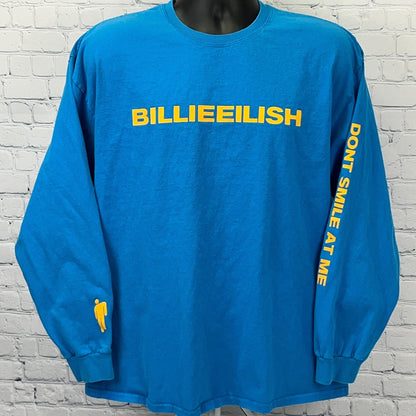 Gildan Billie Eilish long sleeve shirt in blue with yellow logos on front and sleeves