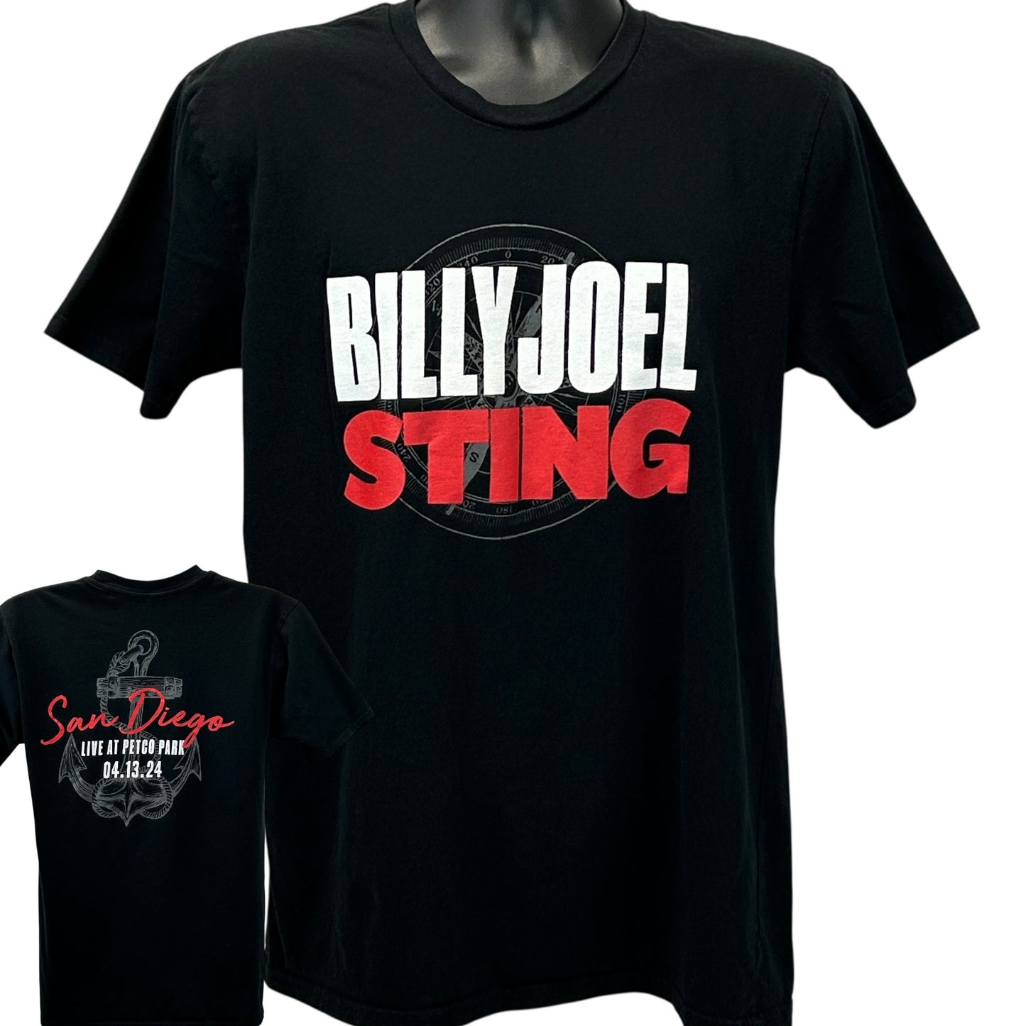 Black T-shirt from Royal Apparel featuring Sting and Billy Joel text design on front with concert details on back