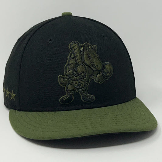 New Era Binghamton Rumble Ponies Black and Olive Green Cap with Front Logo of Mascot Holding Bat