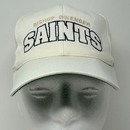 White Bishop Dwenger baseball cap with 'Saints' logo in bold lettering on the front.