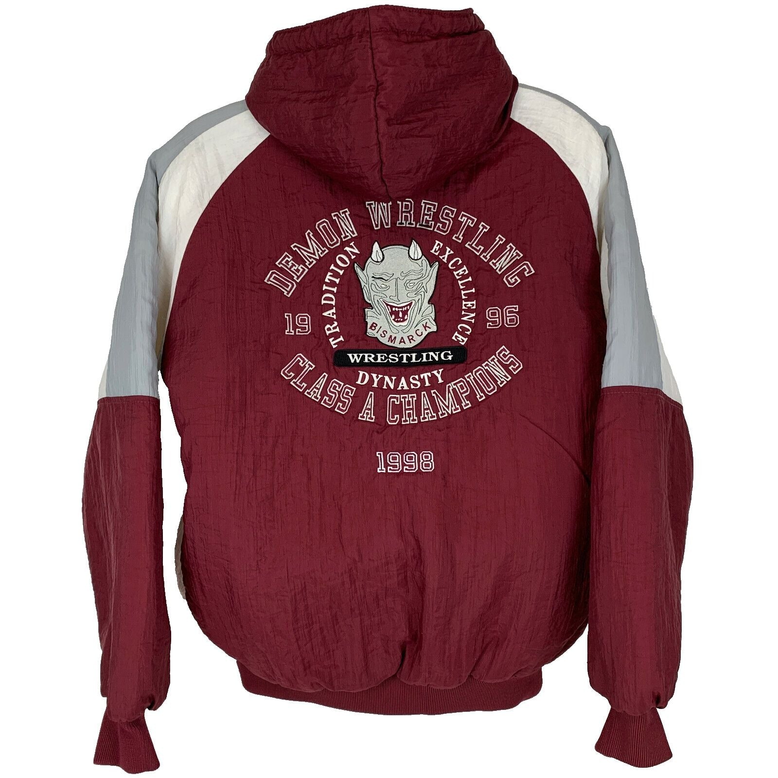 Swingster Bismarck High School hooded jacket in maroon with Demon Wrestling logo on the back