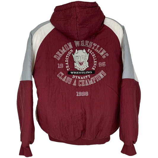 Swingster Bismarck High School hooded jacket in maroon with Demon Wrestling logo on the back
