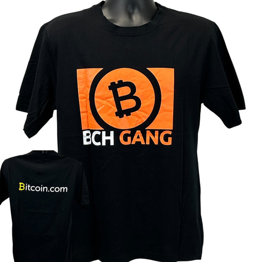 Black Bitcoin T-Shirt featuring bold Bitcoin logo and BCH GANG text on the front