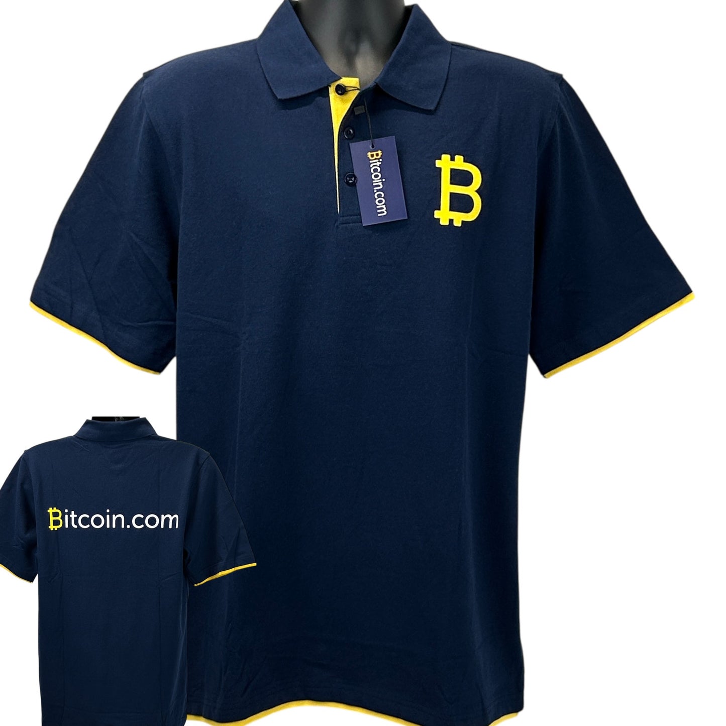 Navy Bitcoin Polo Shirt with Yellow Collar and Logo on Front, Comfortable Fit